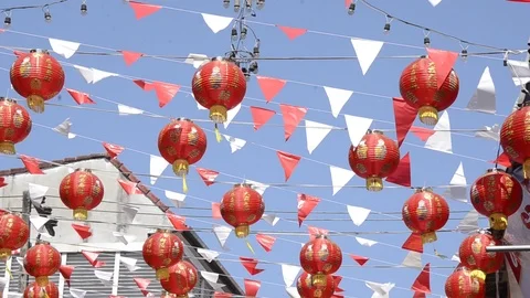 Red Chinese lantern and red flag decorate in Chinese New Year. Stock-Footage 85966426
