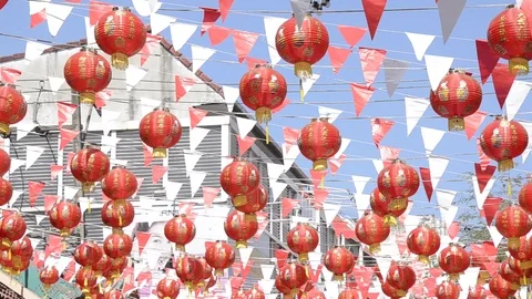 Red Chinese lantern and red flag decorate in Chinese New Year. Stock Footage 85966427