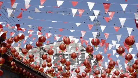 Red Chinese lantern and red flag decorate in Chinese New Year. Video stock 85966428