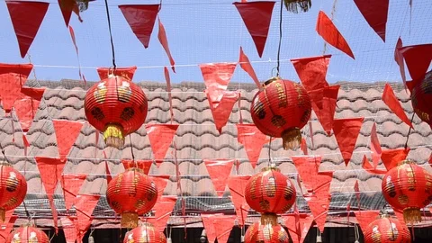 Red Chinese lantern and red flag in Chinese New Year. 스톡 동영상 85966432