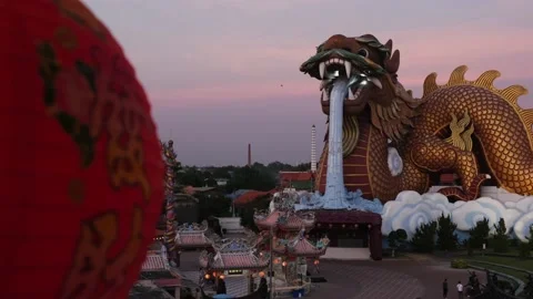 Red Chinese Lantern  in front of huge dragon Stock Footage 146506766