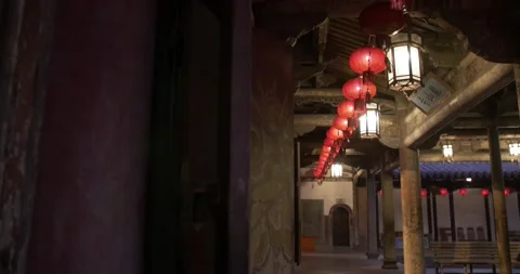 Red Chinese lanterns inside an old and traditional Temple in Lukang, Taiwan, ROC Stock Footage 140253773