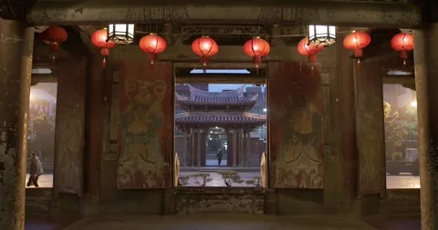 Red Chinese lanterns inside an old and traditional Temple in Lukang, Taiwan, ROC Stock Footage 140253822