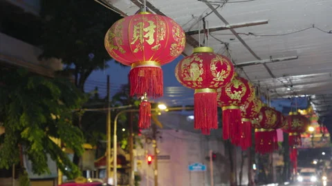 Red Chinese lanterns lit up at night in Bangkok Stock Footage 345859617