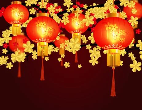 Red Chinese lanterns. Round shape with patterns. Against the background of .. Illustrazione stock