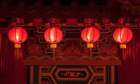 Red chinese lanterns in rows Stock Photos