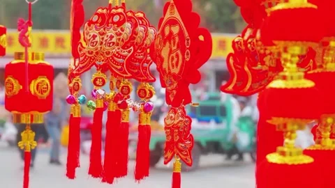 Red Chinese New Year Lanterns Hanging in Street, Festive Lunar Celebration Stock-Footage 329616158