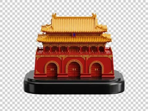 Red chinese palace gate model with golden roof tiles on black pedestal isol.. Ilustração Stock