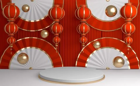 The Red Chinese podium minimal geometric, podium Chinese traditional.3D rende Illustrazione stock