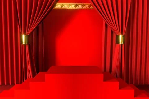 Red Chinese style background, empty step showcase, 3d rendering. Stock Illustration