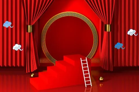 Red Chinese style background, empty step showcase, 3d rendering. Illustrazione stock