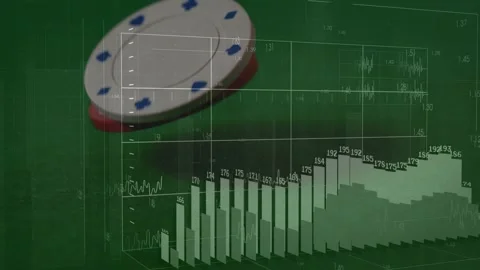 Red chip dropping from top starting chips rotating, colliding, stacking on felt Stock Footage 329454123