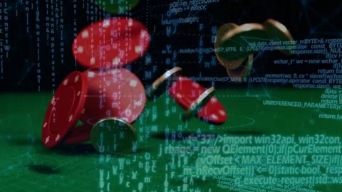 Red chips and coins entering from above flipping and stacking on green felt to Stock Footage 328657254
