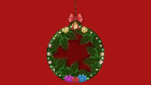 Red Christmas background with bauble shaped cutout and pine Stock Illustration