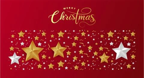 Red Christmas Background with Border made of Cutout Gold Foil Stars. Stock Illustration