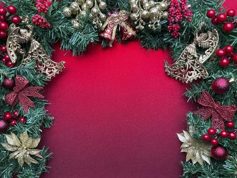 Red christmas background flatlay copyspace Stock Photos