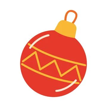 Red Christmas bauble with yellow zigzag lines and gold cap. Flat style vect.. Stock Illustration
