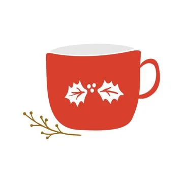 Red christmas cute cup for tea and coffee in doodle style. Vector illustration. Stock Illustration