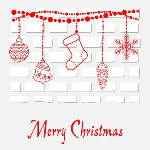 Red Christmas decorations on white bricks Stock Illustration