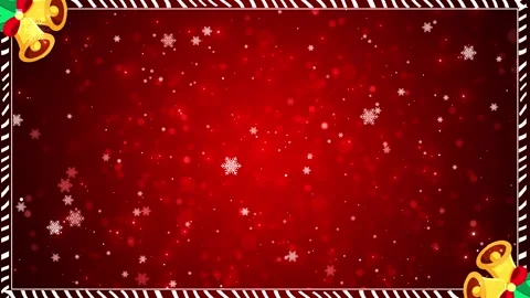 Red Christmas frame background golden bells, snow flakes, candy border, bokeh li Stock Footage 340400032