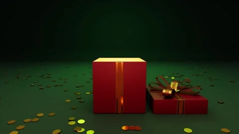 Red christmas gift box opening with falling gold coin on green background Video stock 294289890
