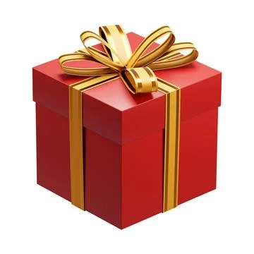 Red christmas gift box wrapped with golden ribbon bow on white background Stock Illustration