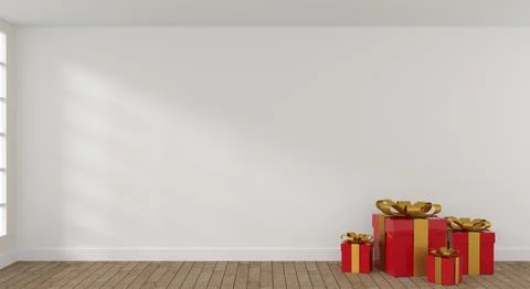 Red Christmas gift boxes in a bright room with space for text or image, 3d Ilustração Stock