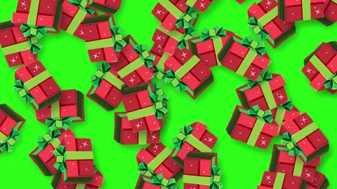 Red Christmas Gift Boxes Falling on Green Screen Chroma Key Stock Footage 345041527