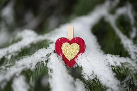 Red Christmas ornament in shape of heart on snow-covered Christmas tree branch Stock Photos
