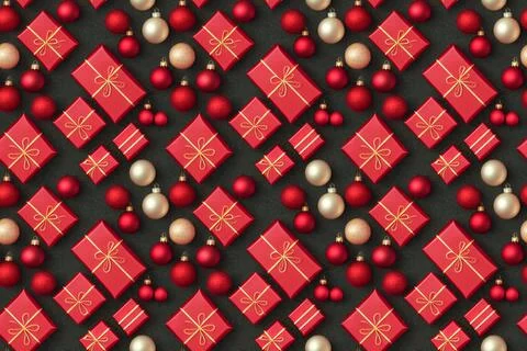 Red Christmas Presents Gift Boxes &amp; Gold Baubles Pattern Background Stock Illustration