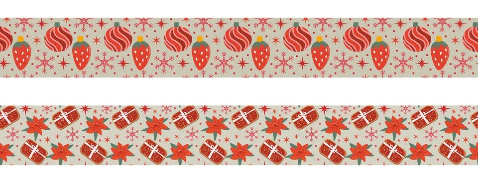 Red Christmas seamless border pattern set. Flat cartoon vector illustration. Illustrazione stock