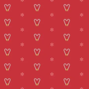 Red Christmas seamless pattern with candy cane hearts, golden bows and pink Stock Illustration