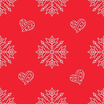 Red Christmas seamless pattern with doodle snowflakes and hearts. Winter holi Stock Illustration