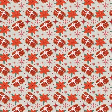 Red Christmas seamless pattern with gift cookies and winter flowers. Flat Stock Illustration