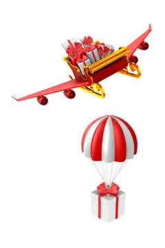 Red christmas sled with gift boxes on white background. Isolated 3D illustrat 스톡 일러스트