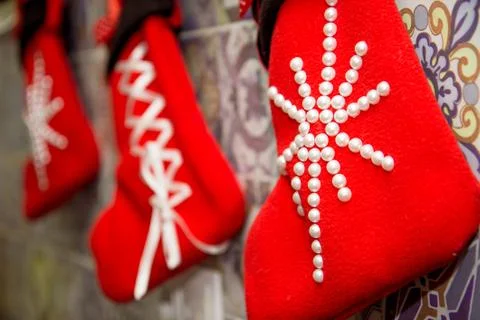 RED Christmas stocking on background Stockfoto's