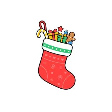 A red Christmas stocking filled with presents, a candy cane, gingerbread man, Stock Illustration