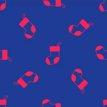 Red Christmas stocking icon isolated seamless pattern on blue background. Mer Stock Illustration