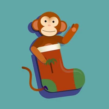 Red Christmas stocking sock with monkey Illustrazione stock