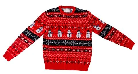 Red Christmas Sweater with Snowman Pattern. Ugly sweater party wear isolated on Stock Photos