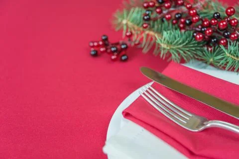 Red Christmas table Stock-Fotos