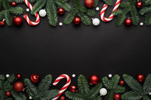 Red Christmas template for design with festive frame on black background Stock Photos