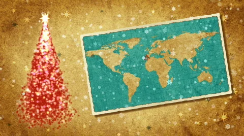 Red Christmas tree and map of World on the postcard.Retro style. Stock Footage 874336