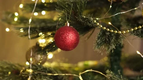 Red Christmas tree ball hangs from branch on background of festive lights Stock Footage 220175690
