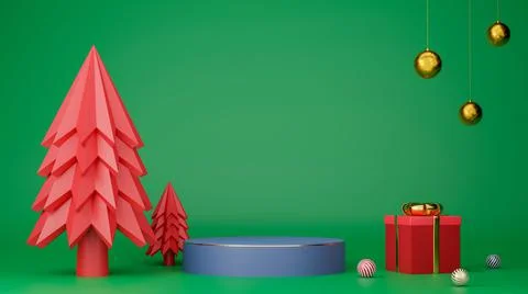 Red Christmas tree with blue circle podium with gold edge, circle ball, gift Stock Illustration