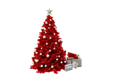 Red christmas tree with gift boxes isolated on white background Stock Photos