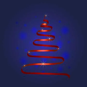 Red Christmas tree from ribbon vector background. Blue background. Stock Illustration