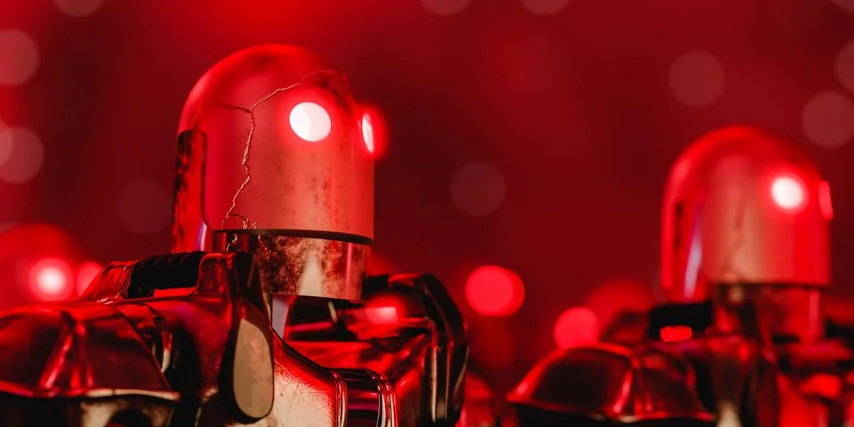Red chrome robots with neon light eyes 3d render イラスト素材