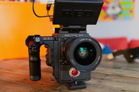 RED Cinema camera on a table Foto stock