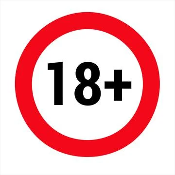 Red circle with 18 plus symbol on white background age restriction Stock Illustration
